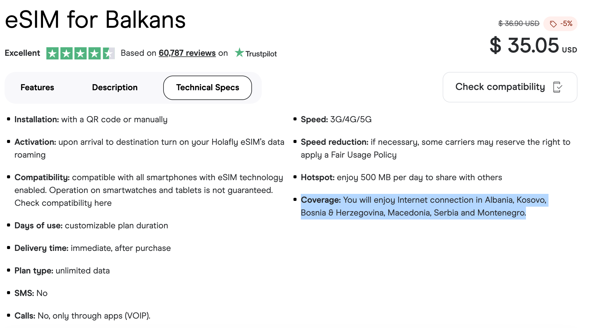 Screenshot of eSIM for Balkans Product page on Holafly Website with country coverage highlighted.