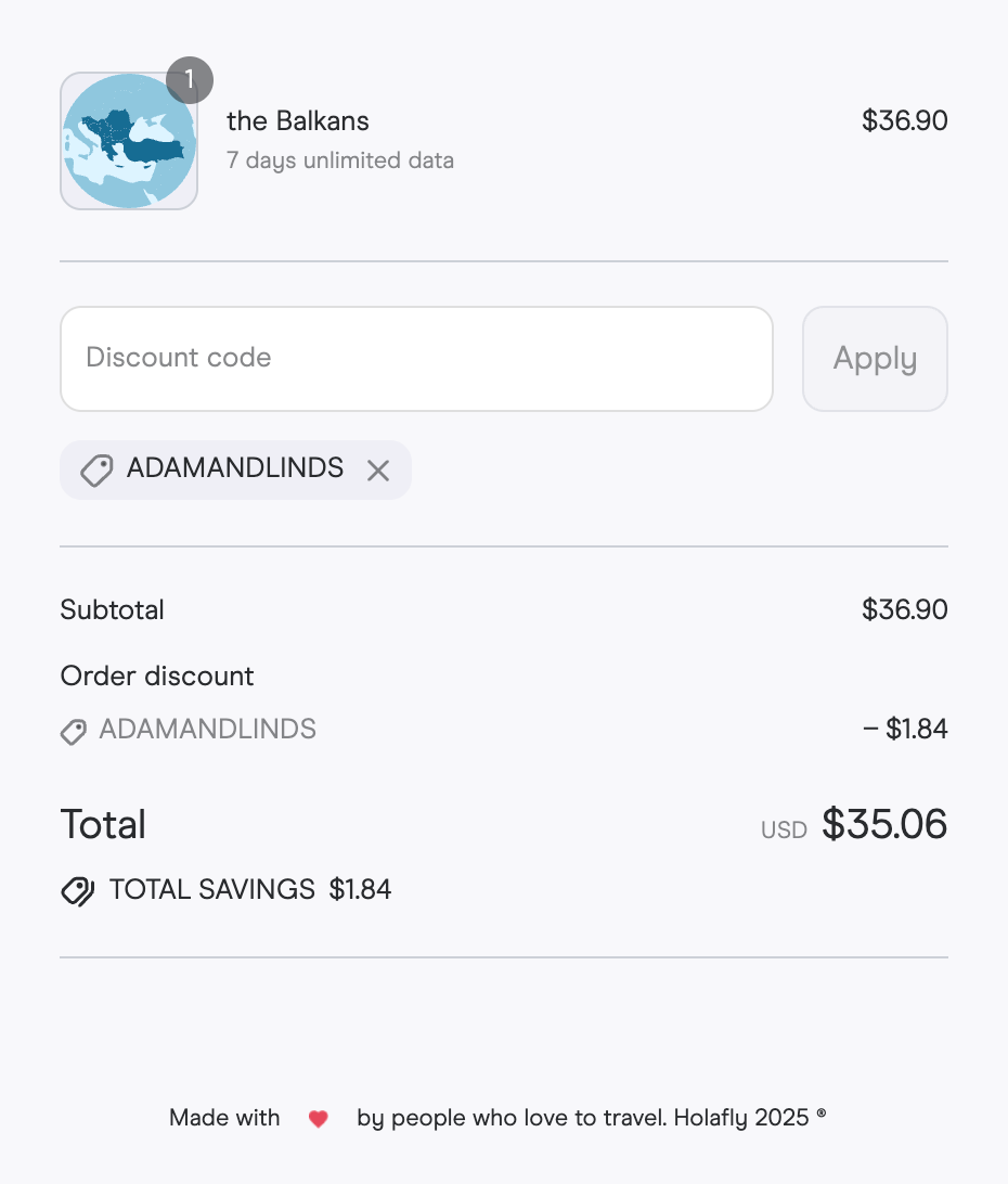 Screenshot of Holafly eSIM Discount Code ADAMANDLINDS saving 5% at checkout