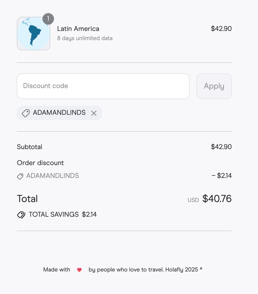 Holafly Latin America eSIM checkout page showing 8-day unlimited data plan for $42.90 with ADAMANDLINDS discount code applied, saving $2.14 for total of $40.76