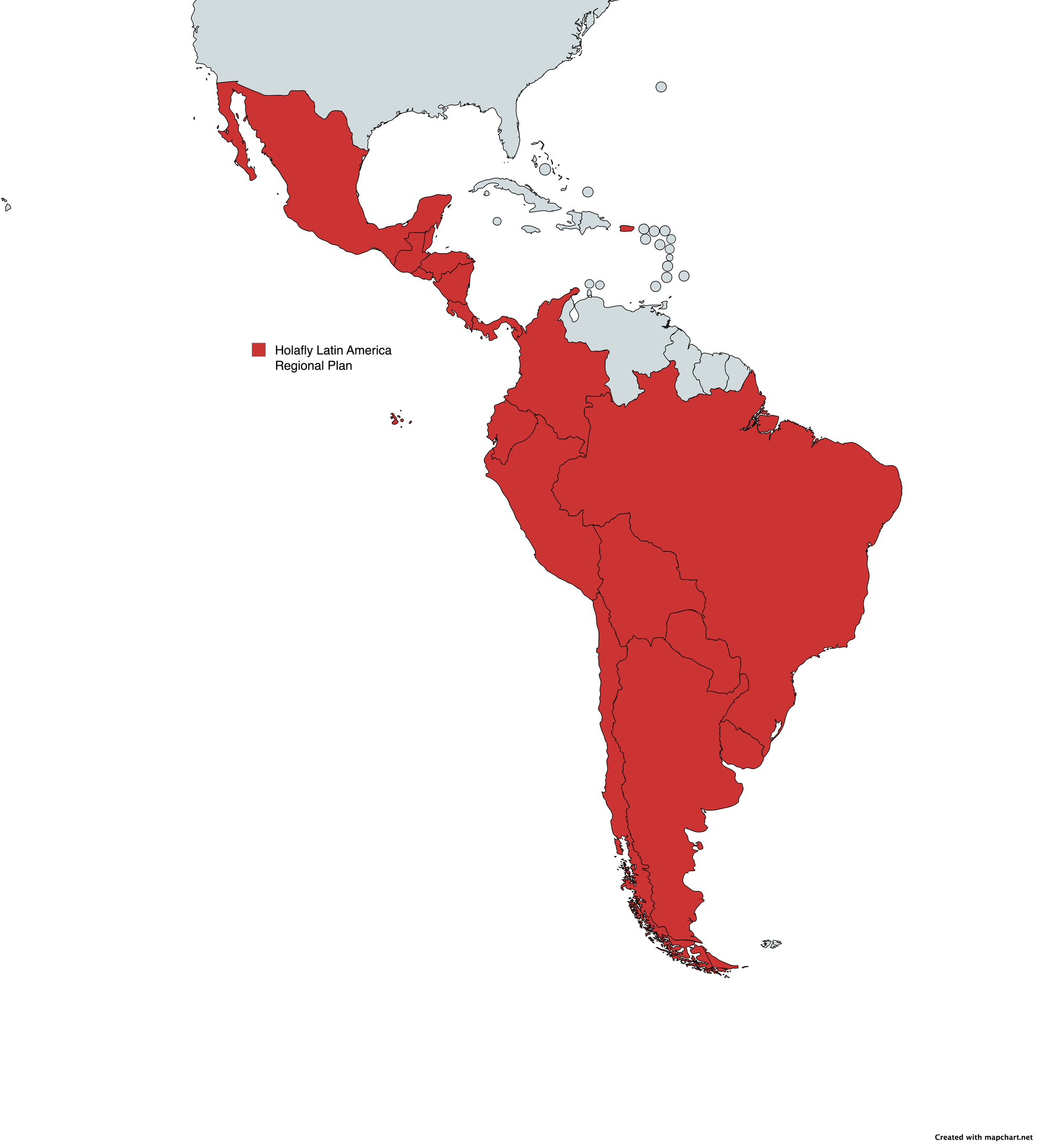 Holafly Latin America eSIM coverage map showing 18 countries in red including Mexico, Brazil, Colombia, Argentina, Peru, Chile, Costa Rica and Central America where the regional plan provides unlimited data