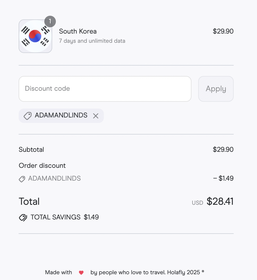 Holafly South Korea eSIM checkout page showing 7-day unlimited data plan for $29.90 with ADAMANDLINDS discount code applied, reducing total to $28.41 with $1.49 savings