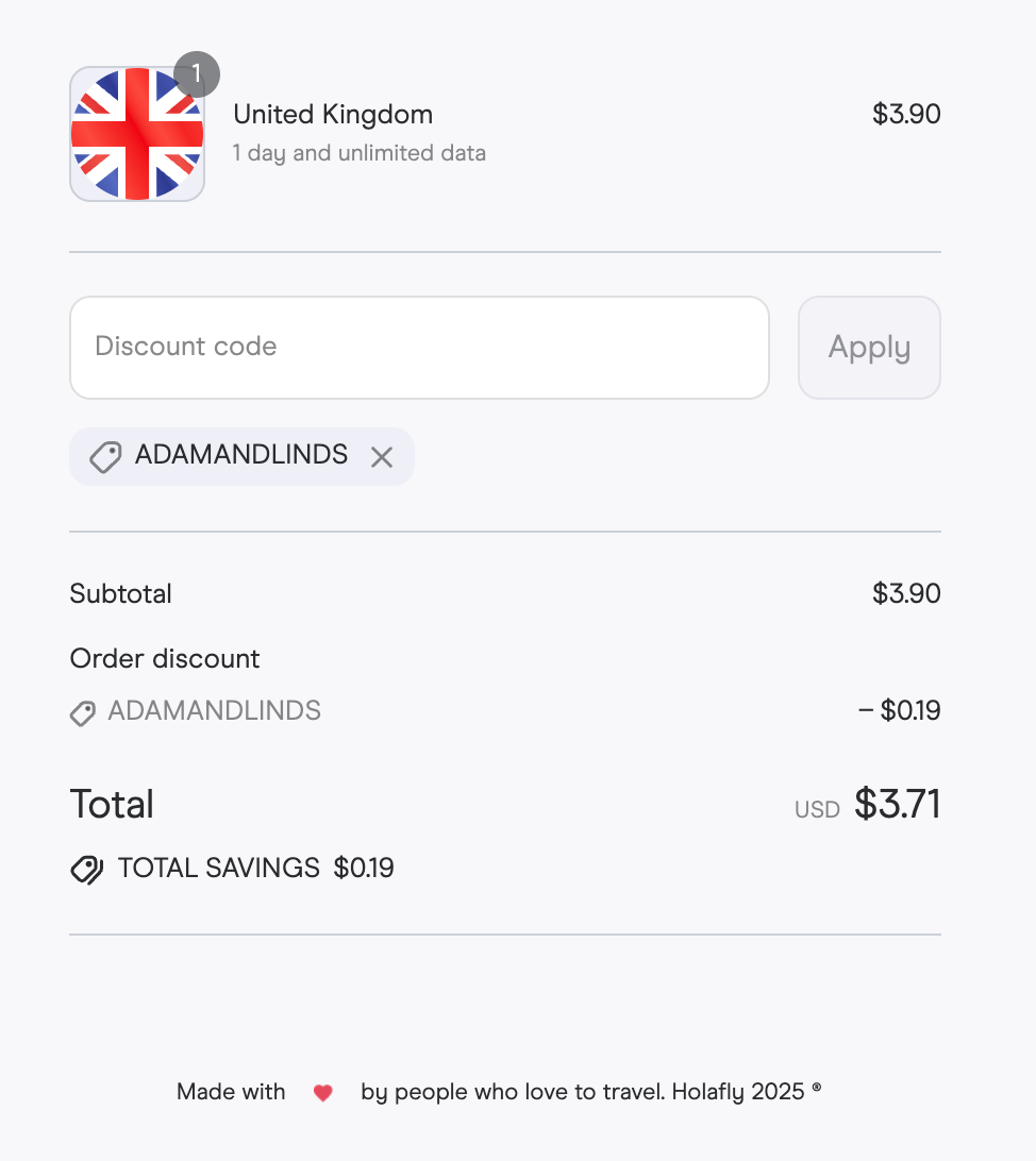 Holafly UK eSIM checkout page with ADAMANDLINDS promo code applied showing $0.19 discount on 1-day unlimited data plan