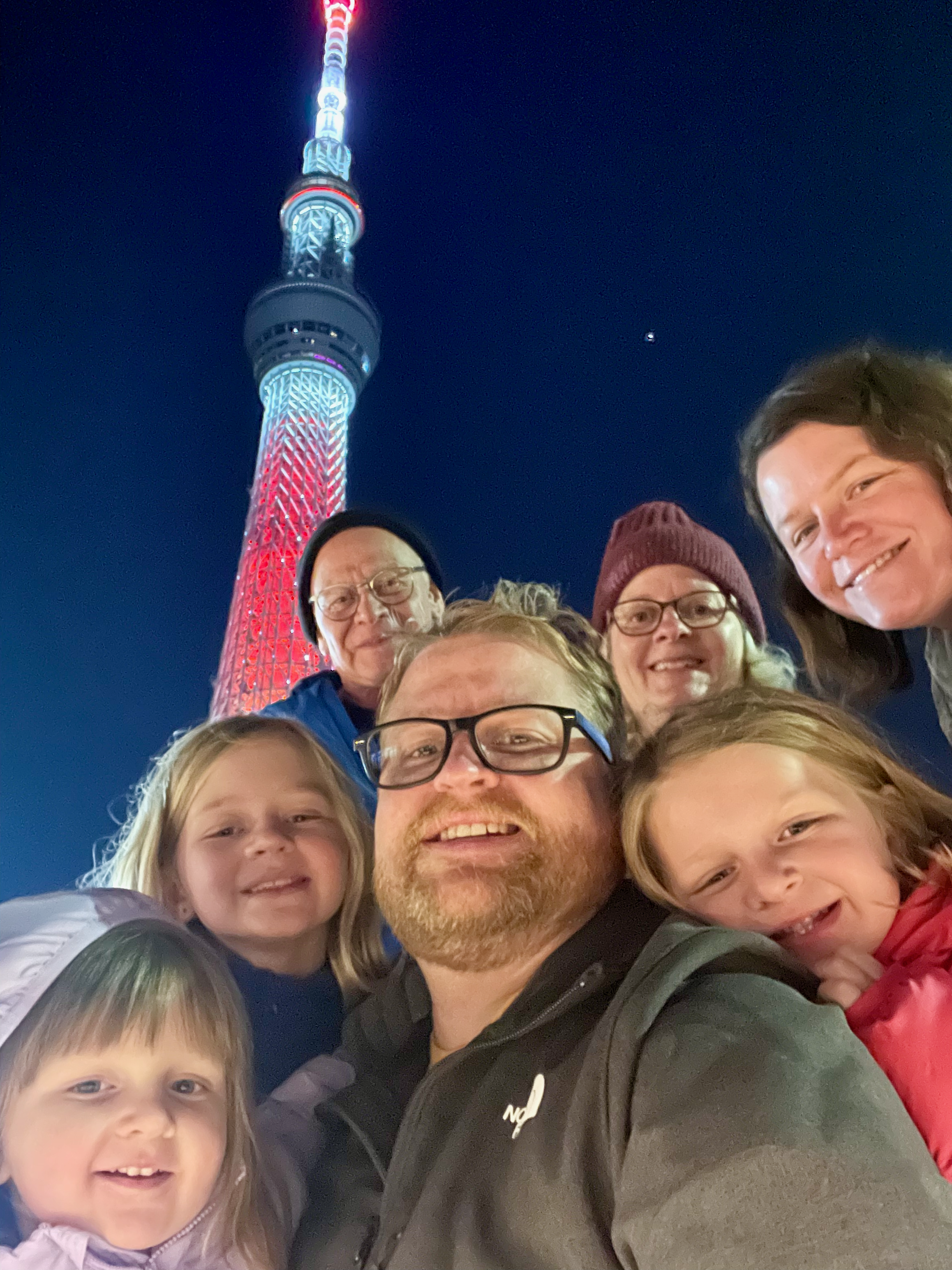 The whole family including grandparents in front of Tokyo Skytree November 2023