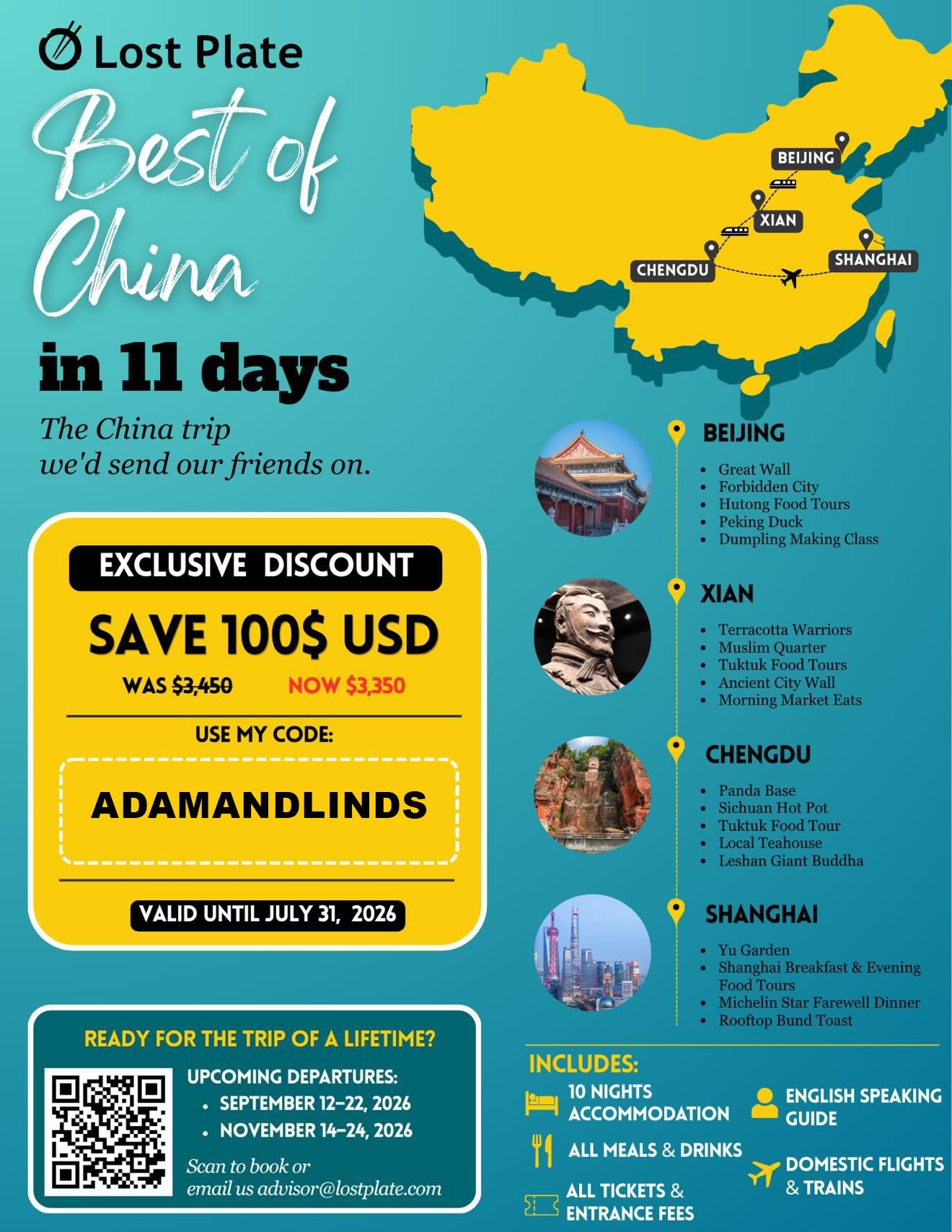 Lost Plate Best of China 11 day trip flyer showing the route through Beijing, Xi'an, Chengdu, and Shanghai